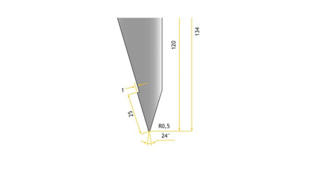 Poinçon 24°, r 0,5 mm, longueur 800 mm - Vue profil partie Basse