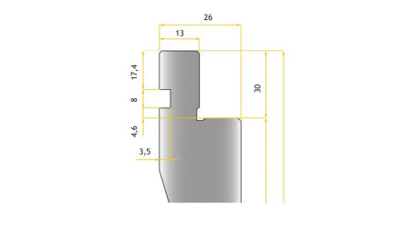 Poinçon 24°, r 0,5 mm, longueur 800 mm - Vue profil partie Haute