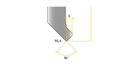 Poinçon 86°, r 0,6 mm longueur 800 mm - Vue profil partie Basse