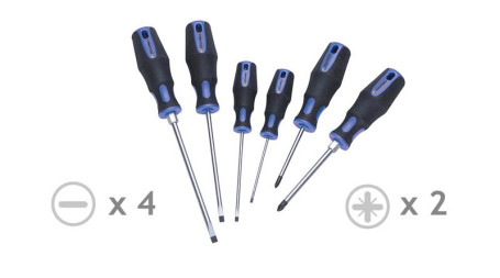 Lot de 6 tournevis fentes (3x75- 4x100 -5,5x125 -6,5x150mm) et Pozidriv PZ1, PZ2